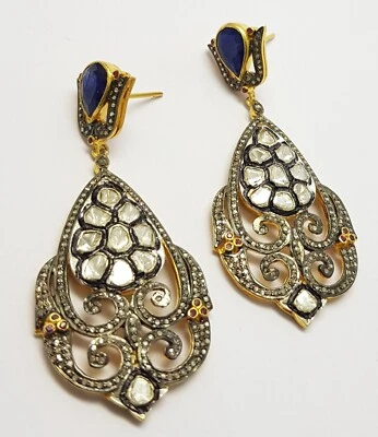 Orecchino In Argento Sterling 925 Con Zaffiro Blu Reale E Diamante Pave Polki - Immagine 1 di 4