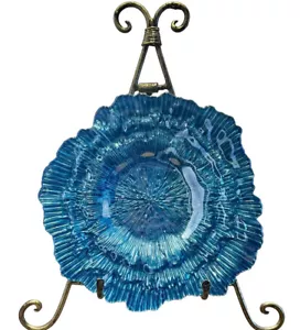 Iridescent Aqua Blue Glass Oyster Carnival Glass Coastal Art Glass Dish 8” - Picture 1 of 4