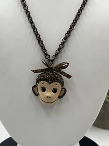 Betsey Johnson Bronze Tone Safari Zoo Rhinestone 3d Monkey Face Necklace - Picture 1 of 11
