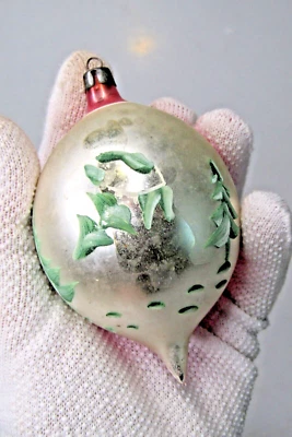 Vintage Glass Pictured SANTA w TREE Large Teardrop Christmas Ornament Poland - Image 1 of 4