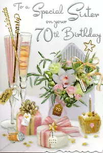 SISTER 70th BIRTHDAY CARD ~ AGE 70 ~ QUALITY CARD SIZE 9" x 6" BY JONNY JAVELIN - Picture 1 of 2