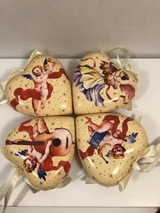 4 VTG Heart Shaped Floral Paper Mache Angels MusicIans Christmas Ornaments - Picture 1 of 12