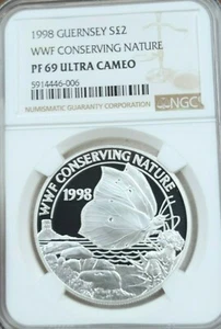 1998 GUERNSEY SILVER 2 POUNDS CONSERVING NATURE NGC PF 69 ULTRA CAMEO TOP POP ! - Picture 1 of 4