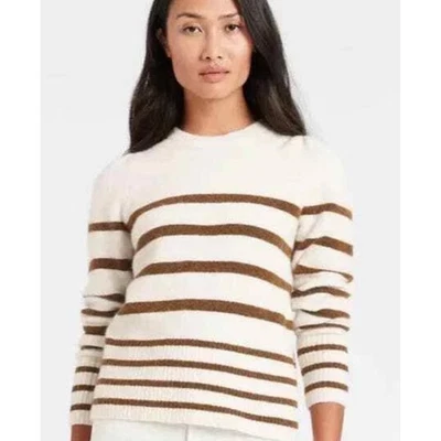 Suéter Banana Republic Marrón Crema Rayas Para Mujer L Lana Alpaca Manga Abullonada Foto 1 de 4