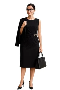 Calvin Klein16W Black Maxi Stylist Business Classic Sleeveless Dress Gold Accent - Picture 1 of 8
