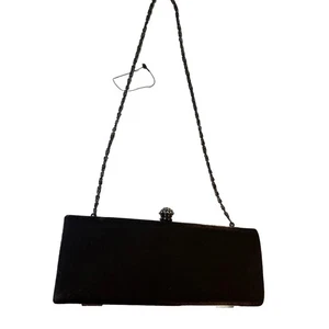 Black W/Silver Hardware Clutch Purse Evening Bag Metal Chain Satin Cocktail - Picture 1 of 9