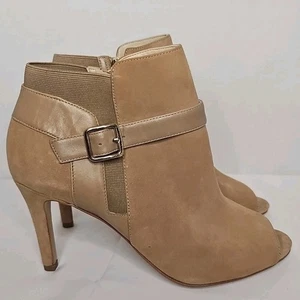 Marc Fisher Shimmee PeepToe Tan Suede Leather Zip Ankle HIghHeel Booties Wms 8.5 - Picture 1 of 9