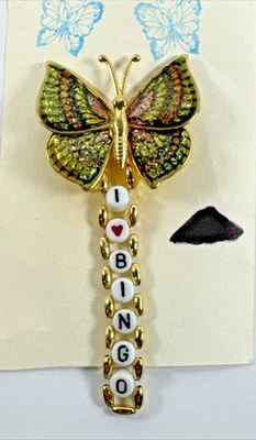 Broche Mariposa Vintage Estate Multicolor Pin Mariposa con I LOVE BINGO 4" Tono Dorado Foto 1 de 4