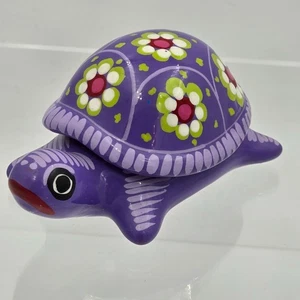 Mexican Folk Art Purple Turtle Terra Cotta Trinket Box with Removable Lid - Picture 1 of 9