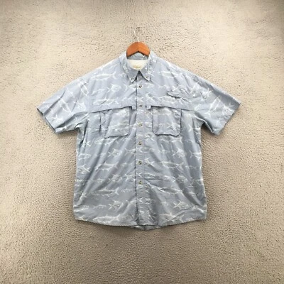 LL Bean Button-Down Men Large Short Sleeve Button Up Collared Fish Print Blue - Image 1 of 4