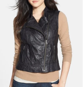 Halogen Crinkled Genuine Leather Moto Vest Black M NWT $258 - Picture 1 of 4