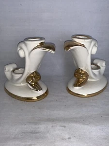 2 Abingdon Pottery White & Gold Scroll Double Taper Candle Holders Candlesticks - Picture 1 of 12