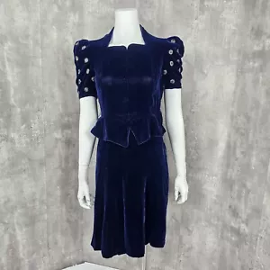 Vintage 30s Fashion Originators Guild Label Cobalt Blue Silk Velvet Peplum Dress - Picture 1 of 19