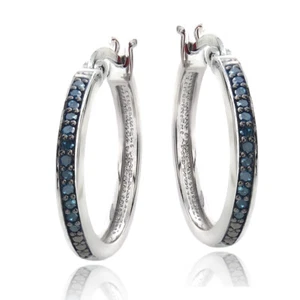 925 Silver 1/4ct Blue Diamond 20mm Hoop Earrings - Picture 1 of 4