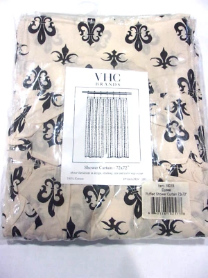 New VHC Brands Cream Black Shower Curtain Cloth Ruffled 72 X 72 Fleur De Lis - Image 1 of 4