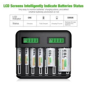 EBL 8-Slot LCD USB Battery Charger for AA AAA C D Size Rechargeable Batteries - Picture 1 of 8
