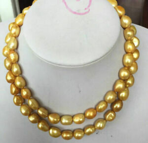 Double strands huge 18"19"12-15mm natural baroque south sea gold pearl necklace