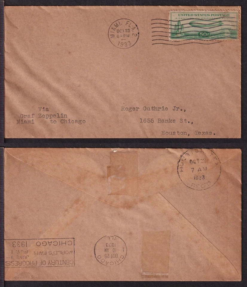 1933 Graf Zeppelin flight cover Sc C18 Miami to Chicago Century of Progress - Image 1 of 3