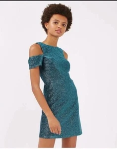 TOPSHOP Turquoise Blue Glitter Cold Shoulder Dress, size 12 - Picture 1 of 4