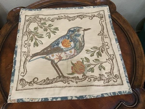 Pottery Barn Embroidered Bird Floral Back Pillow Cover 20 x 20" Cotton - Picture 1 of 13