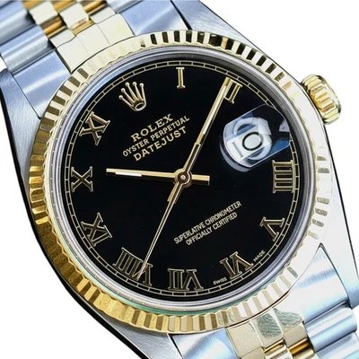 Rolex Datejust Mens Two-Tone Watch Black Roman Dial Fluted Jubilee Band 36mm - Image 1 of 4