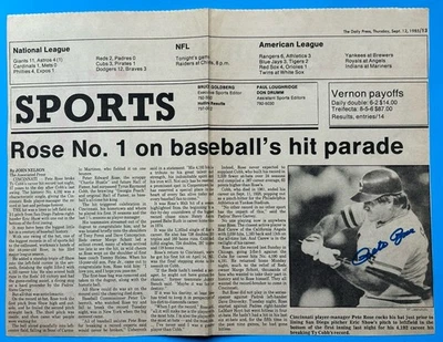 Artículo de periódico firmado por Pete Rose "All-Time MLB Hit Leader" 12 de septiembre de 1985 Foto 1 de 3