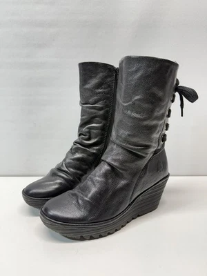 Botas Fly London para mujer plataforma de cuña media pantorrilla cuero negro cremallera talla 38” Foto 1 de 4