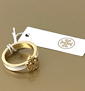 TORY BURCH Kira Enamel Ring Tory White/Gold Size 6 1/2 NEW w Tags - Picture 1 of 5