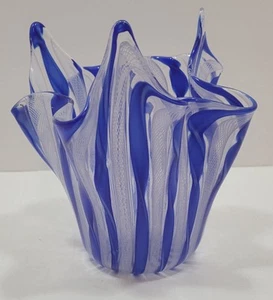 Jarrón Vintage Venini Fazzoletto Murano Soplado a Mano 5" Vidrio Artístico Blanco y Azul - Imagen 1 de 7
