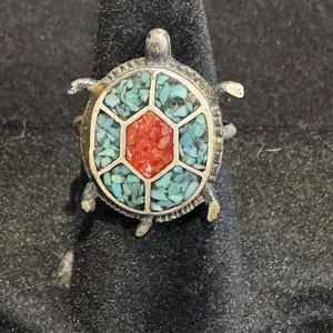 Vintage Sterling Silber 925 Navajo Crushed Türkis Koralle Schildkröte Ring Gr. 5,75 - Bild 1 von 8