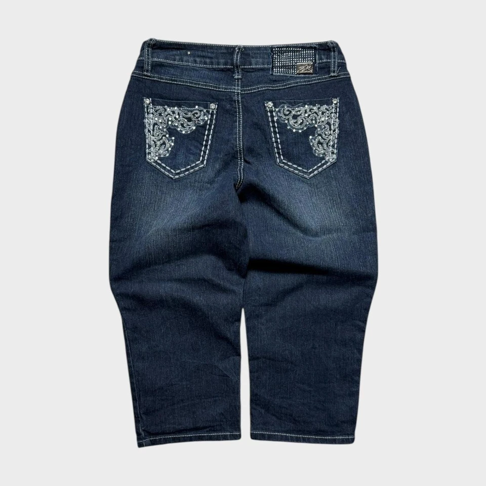 Pantalones Cortos De Colección Y2K Bordados Para Mujer Azul Marino Denim Calce Ajustado Talla 28 Cintura Foto 1 de 4