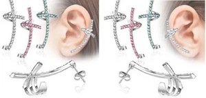 One 316L Surgical Steel Gem Paved Stud Cross Earring with Upper Cuff - Picture 1 of 5