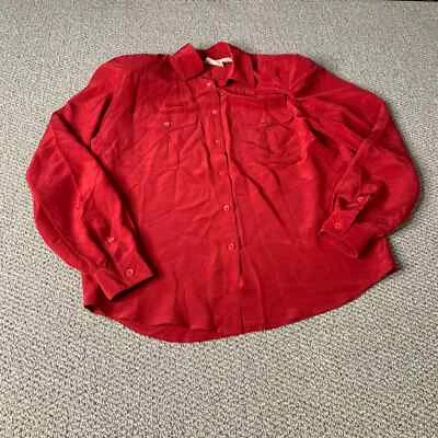 Camisa feminina vintage Liz Claiborne 6 ombreiras de seda vermelha manga comprida com botões - Imagem 1 de 4