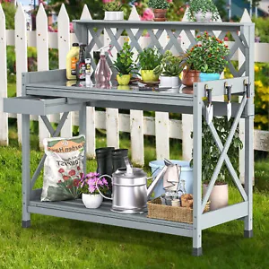 TAUS Outdoor Potting Bench Table Wooden Lattice Back Work Station W/Shelf Gray - Picture 1 of 5