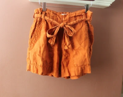 Joie Womens Size 00 Orange Rust Linen Blend Shorts Self Tie Pockets front back - Image 1 of 4