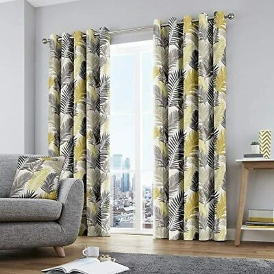 Fusion - Tropical - 100% Cotton Eyelet Curtains - 90" Width x 72" Drop, Ochre - Image 1 of 4