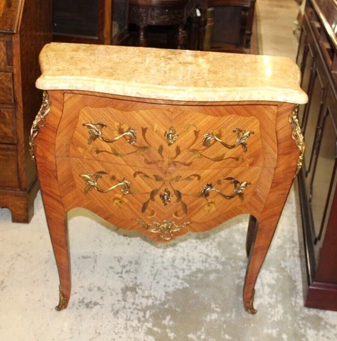 French Antique Inlaid Wood Louis XV Marble Top Chest of Drawers Small Dresser Cover