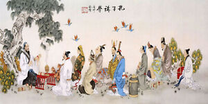 ORIGINAL ASIAN ART CHINESE FAMOUS FIGURE WATERCOLOR PAINTING-Confucius&Students
