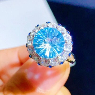New 8mm Flower Cut Round Sky Blue Topaz Gems Charm Women Girls Silver Rings - Image 1 of 4