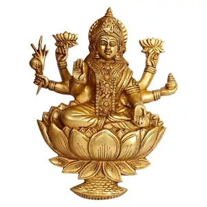 Messinggöttin Lakshmi Laxmi Idol sitzt auf Lotuswand hängende Statue Figur - Bild 1 von 4