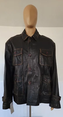Chaqueta de cuero genuino de grano marrón oscuro para hombre con botones y cremallera completa 3X-L Foto 1 de 4