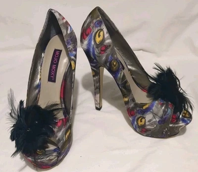 Mojo Moxy Tweety Heels Size 7.5M Shoes Black Peacock Feather Open Toe Platform  - Image 1 of 4