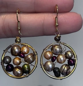 Vintage Handmade Gold Plated Pearls Brown/Green/Champagne Dreamcatcher Earrings - Picture 1 of 3