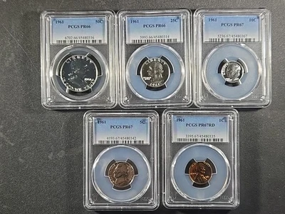 1961 U.S. PROOF SET - 5 coins - (25,50) PR66 (1,5,10) PR67 (PCGS)     stk#0316 - Image 1 of 4