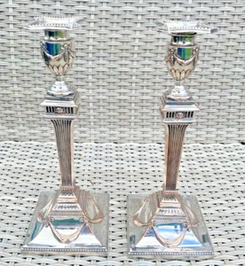 SUPERB PAIR EARLY VIC-19THC SHEFFIELD PLATE NEOCLASSICAL ADAMS STYEL CANDLESTICK - Picture 1 of 20