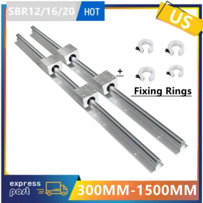 2PCS SBR12/16/20 Linear Rail +4Pcs SBR12/16/20UU Blocks+4PCS fixing Rings kits - Image 1 of 4