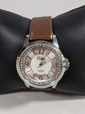 Vivani Silver Tone Round Crystal Accent Case 37 mm Brown Faux Leather Band Watch - Image 1 of 4
