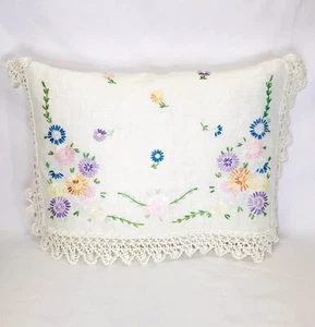 Handmade Pillow Cover Envelope Style 11” x 14" Linen Embroidered Flowers Crochet - Picture 1 of 6