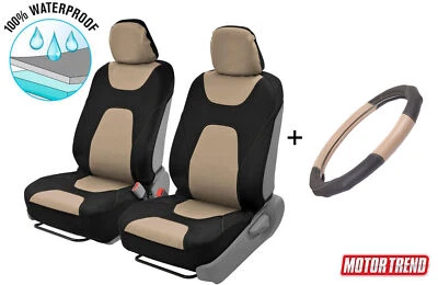 Fundas de asiento de coche 100 % impermeables con cubierta de volante de cuero de microfibra beige Foto 1 de 4