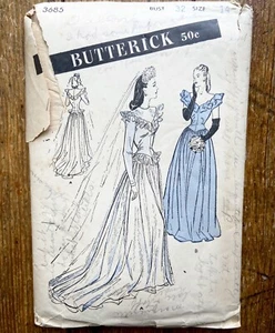 Rare 1940s Wedding Dress Pattern Butterick 3685 (c 1946) WW2 Bridesmaid Vintage - Picture 1 of 4
